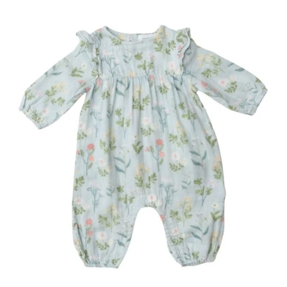 ANGEL DEAR 100% Cotton Muslin Gauze Floral Ruffle Jumpsuit - Picture 1 of 1